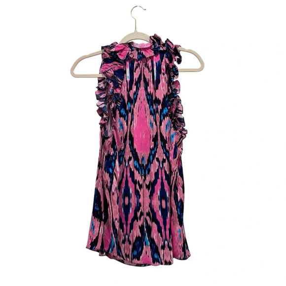 Figue Fabiana Ikat Ruffles Sleeveless Tassel Top Blouse Pink Blue Size L - Picture 9 of 10